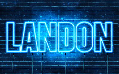 Landon, 4k, sfondi per il desktop con i nomi, il testo orizzontale, Landon nome, neon blu, immagine con nome Landon