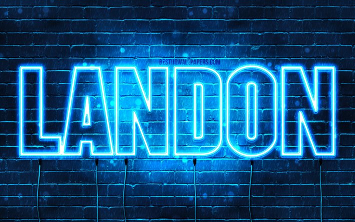 Landon, 4k, sfondi per il desktop con i nomi, il testo orizzontale, Landon nome, neon blu, immagine con nome Landon