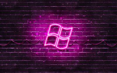 Windows purple logo, 4k, purple brickwall, Windows logo, brands, Windows neon logo, Windows