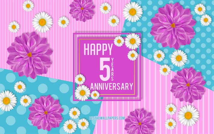 5 Years Anniversary, Spring Anniversary Background, Happy 5 Years Anniversary, Anniversary flowers background, 5th Anniversary sign