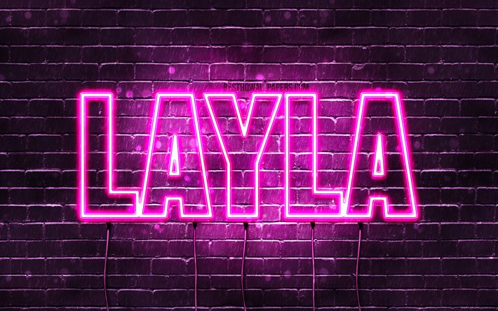 Layla, 4k, wallpapers with names, female names, Layla name, purple neon lights, horizontal text, picture with Layla name