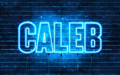 Caleb, 4k, 壁紙名, テキストの水平, Caleb名, 青色のネオン, 写真とカレブ氏名