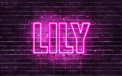 Lily, 4k, des fonds d&#39;&#233;cran avec des noms, des noms f&#233;minins, Lily nom, de violet, de n&#233;ons, le texte horizontal, image avec le nom de Lily