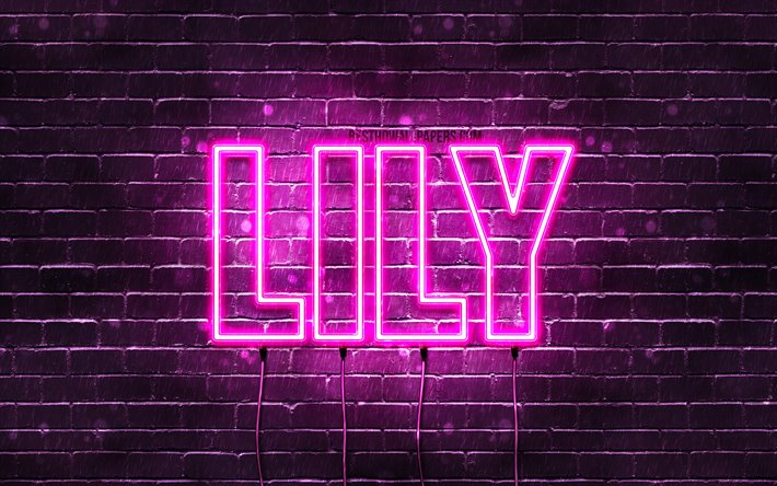 Lily, 4k, fondos de pantalla con los nombres, los nombres femeninos, Lily nombre, p&#250;rpura luces de ne&#243;n, el texto horizontal, imagen con el nombre de Lily