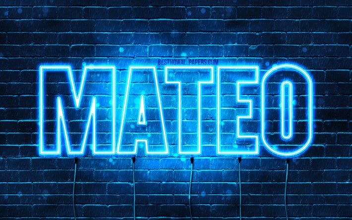 Mateo, 4k, tapeter med namn, &#246;vergripande text, Mateo namn, bl&#229;tt neonljus, bild med Mateo namn
