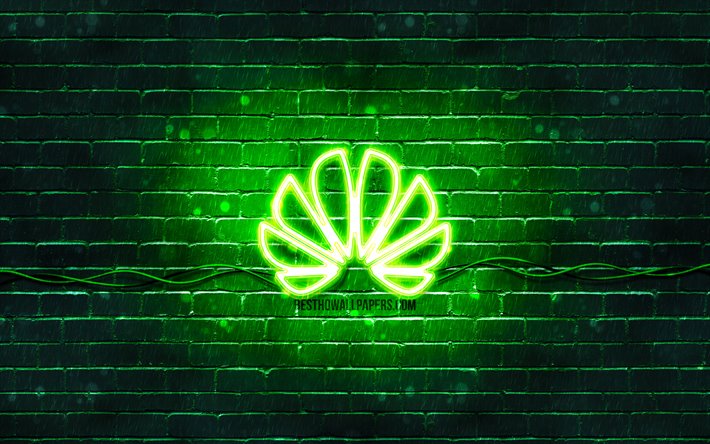 Huawei logo vert, 4k, vert brickwall, Huawei logo, marques, Huawei n&#233;on logo, Huawei