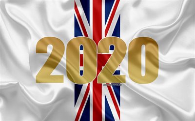 謹んで新年の2020年までの, 英国, 2020年のイギリス, 新2020年までに, 2020年までの概念, シルクの質感, 白旗, イギリス旗