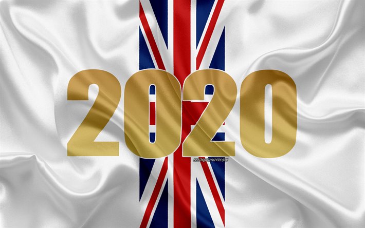 Happy New Year 2020, United Kingdom, 2020 Great Britain, New Year 2020, 2020 concepts, silk texture, white flag, British flag