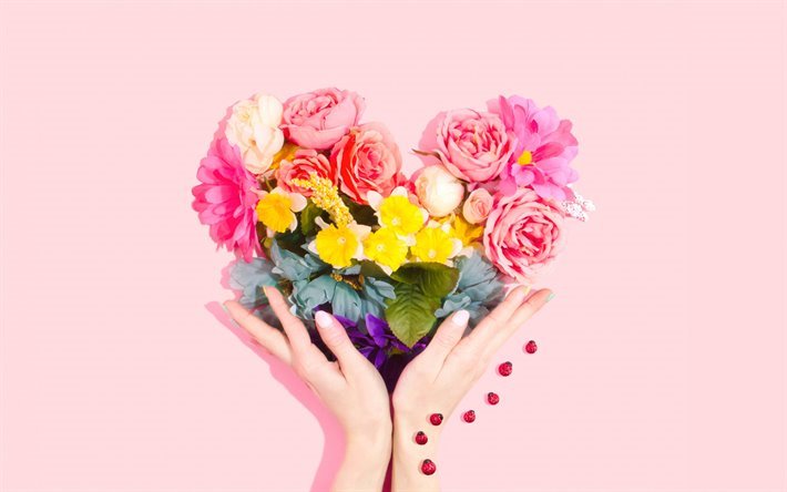 heart in hands, romance concepts, bouquet heart, bouquet of flowers, creative heart