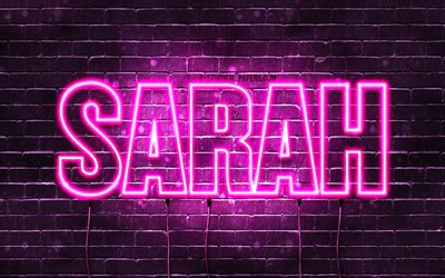 Sarah, 4k, sfondi per il desktop con i nomi, nomi di donna, Sarah nome, viola neon, orizzontale del testo, dell&#39;immagine con nome Sarah