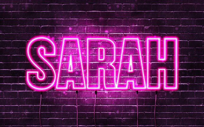Sarah, 4k, wallpapers with names, female names, Sarah name, purple neon lights, horizontal text, picture with Sarah name