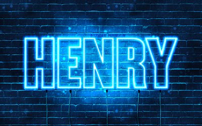 Henry, 4k, les papiers peints avec les noms, le texte horizontal, Henry nom, bleu n&#233;on, une photo avec le nom de Henry