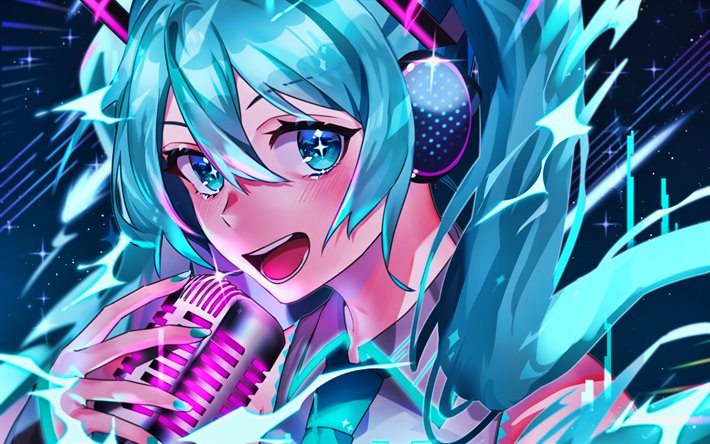 Download Wallpapers Hatsune Miku With Microphone Vocaloid Concert