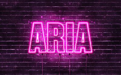 Aria, 4k, wallpapers with names, female names, Aria name, purple neon lights, horizontal text, picture with Aria name