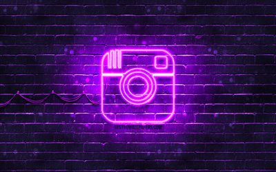 Instagram viola logo, 4k, viola, brickwall, Instagram logo, marchi, Instagram neon logo, Instagram