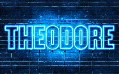 Theodore, 4k, tapeter med namn, &#246;vergripande text, Theodore namn, bl&#229;tt neonljus, bild med Theodore namn