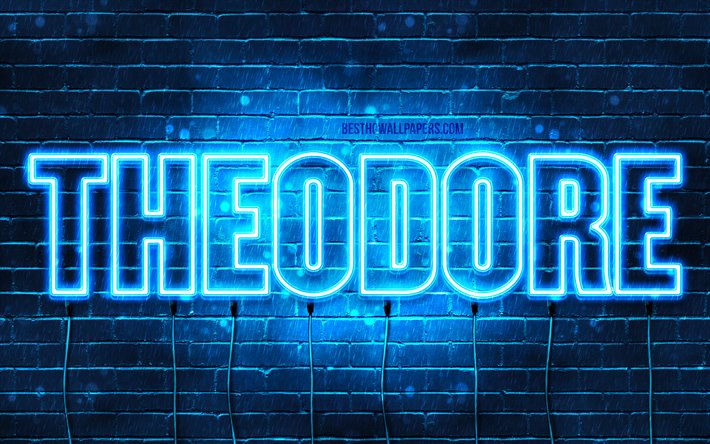 Theodore, 4k, adları Theodore adı ile, yatay metin, Theodore adı, mavi neon ışıkları, resimli duvar kağıtları