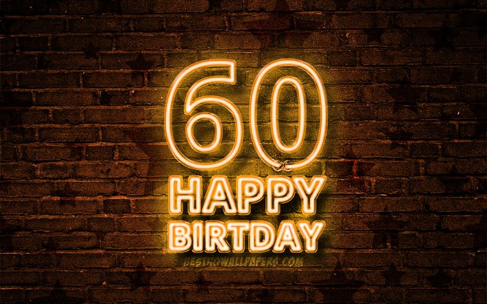 Felice di 60 Anni Compleanno, 4k, giallo neon testo, 60 &#176; Festa di Compleanno, giallo brickwall, buon 60 &#176; compleanno, il compleanno concetto, Festa di Compleanno, 60 &#176; Compleanno