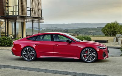 Audi RS7 Sportback, 2020, side view, red coupe, new red RS7 Sportback, German cars, Audi