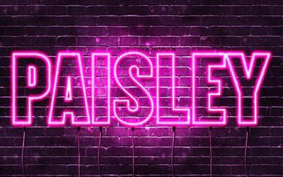Paisley, 4k, fondos de pantalla con los nombres, los nombres femeninos, Paisley nombre, p&#250;rpura luces de ne&#243;n, el texto horizontal, imagen con el nombre de Paisley
