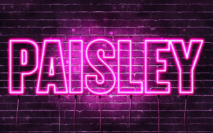 Paisley, 4k, taustakuvia nimet, naisten nimi&#228;, Paisley nimi, violetti neon valot, vaakasuuntainen teksti, kuva Paisley nimi