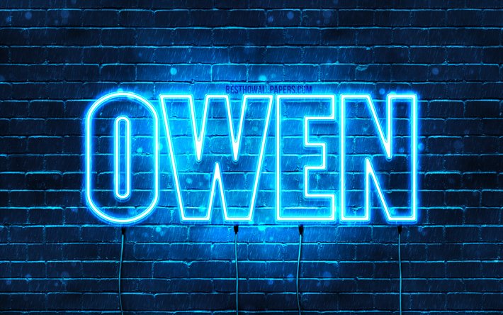 Owen, 4k, pap&#233;is de parede com os nomes de, texto horizontal, Owen nome, luzes de neon azuis, imagem com Owen nome