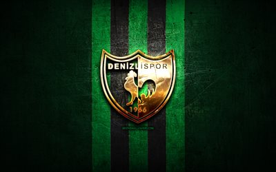 Denizlispor FC, golden logo, Turkish Super League, green metal background, football, Denizlispor, Turkish football club, Denizlispor logo, Super Lig, soccer, Turkey