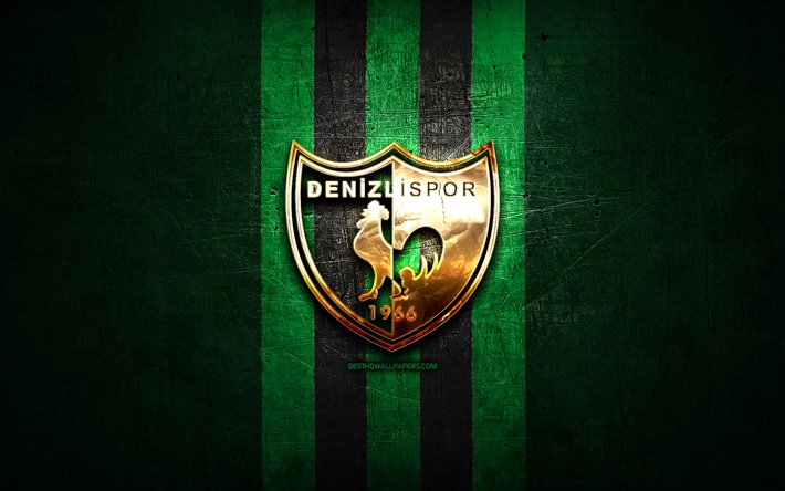 Denizlispor FC, golden logotyp, Turkiska Super League, gr&#246;n metall bakgrund, fotboll, Denizlispor, Turkish football club, Denizlispor logotyp, Super Lig!, Turkiet