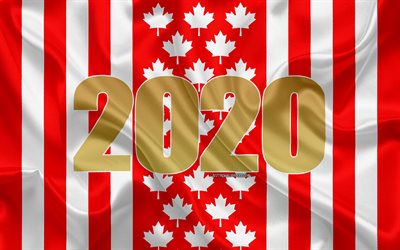 Feliz Ano Novo 2020, Canad&#225;, 2020 Canad&#225;, Novo Ano De 2020, 2020 conceitos, Bandeira de canad&#225;, textura de seda, bandeira branca, Bandeira canadense