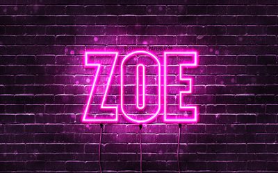 Zoe, 4k, wallpapers with names, female names, Zoe name, purple neon lights, horizontal text, picture with Zoe name