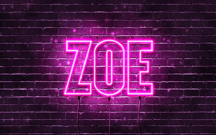 Zoe, 4k, fondos de pantalla con los nombres, los nombres femeninos, Zoe nombre, p&#250;rpura luces de ne&#243;n, el texto horizontal, imagen con el nombre de Zoe