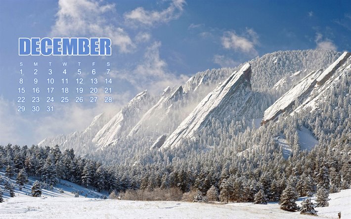 De diciembre de 2019 Calendario, invierno, paisaje, paisaje de monta&#241;a, de invierno, de diciembre de 2019 calendario