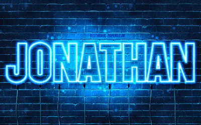 Jonathan, 4k, isim Jonathan adıyla, yatay metin, Jonathan adı, mavi neon ışıkları, resimli duvar kağıtları