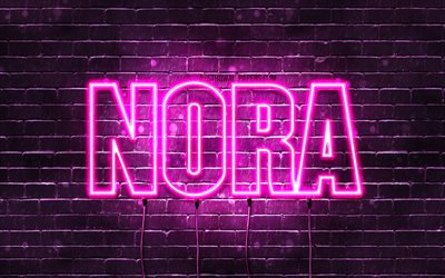 نورا, 4k, خلفيات أسماء, أسماء الإناث, اسم نورا, الأرجواني أضواء النيون, نص أفقي, الصورة مع اسم نورا