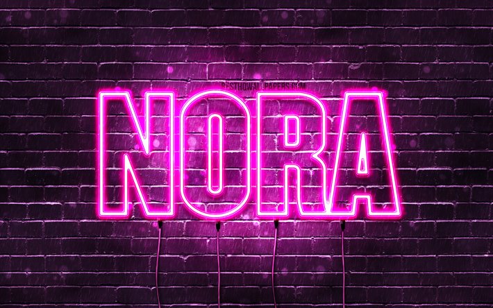 Nora, 4k, Nora ismi ile isimleri, Bayan isimleri, Nora adı, mor neon ışıkları, yatay metin, resim ile duvar kağıtları