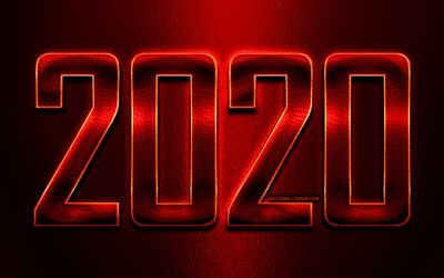 Feliz Nuevo A&#241;o 2020, de cuero rojo de fondo, 2020 conceptos, 2020 de cuero rojo d&#237;gitos, 2020 sobre fondo rojo, 2020 de ne&#243;n de arte, creativo, 2020 d&#237;gitos de a&#241;o