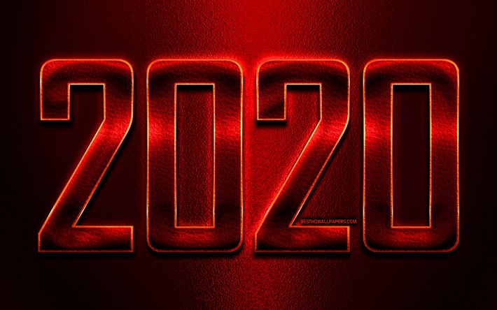 Felice Nuovo Anno 2020, in pelle di colore rosso di sfondo, 2020 concetti, 2020 in pelle rossa cifre, 2020 su sfondo rosso, il 2020 neon art, creativit&#224;, 2020 le cifre dell&#39;anno