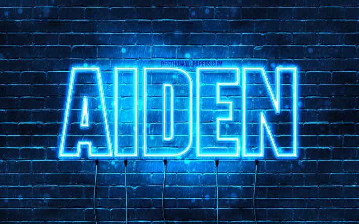 Aiden, 4k, sfondi per il desktop con i nomi, il testo orizzontale, Aiden nome, neon blu, immagine con nome Aiden