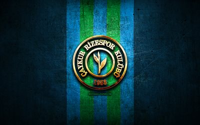 Rizespor FC, golden logo, Turkish Super League, blue metal background, football, Rizespor, Turkish football club, Rizespor logo, Super Lig, soccer, Turkey