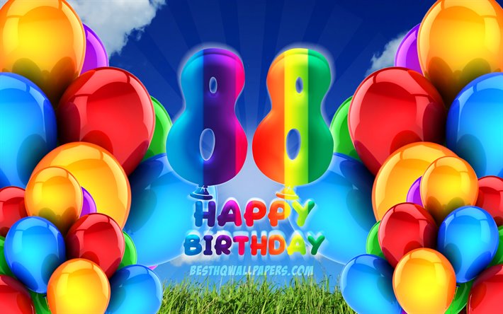 4k, Happy 88 Years Birthday, cloudy sky background, Birthday Party, colorful ballons, Happy 88th birthday, artwork, 88th Birthday, Birthday concept, 88th Birthday Party