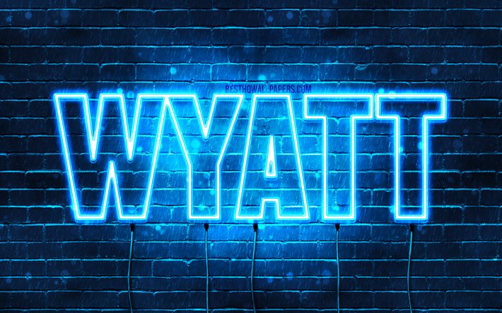 Wyatt, 4k, fondos de pantalla con los nombres, el texto horizontal, Wyatt nombre, luces azules de ne&#243;n, de la imagen con el nombre de Wyatt