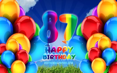4k, 嬉し87年に誕生日, 曇天の背景, 誕生パーティー, カラフルなballons, 嬉しい87歳の誕生日, 作品, 87歳の誕生日, 誕生日プ, 87誕生パーティー