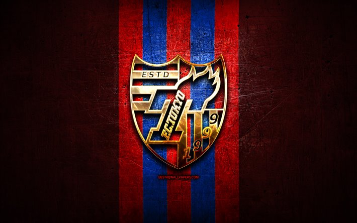 O FC T&#243;quio, ouro logotipo, J1 League, vermelho de metal de fundo, futebol, T&#243;quio FC, japon&#234;s futebol clube, O FC T&#243;quio logotipo, J-League, Jap&#227;o