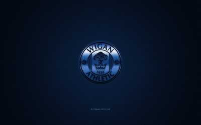O Wigan Athletic FC, Clube de futebol ingl&#234;s, EFL Campeonato, azul do logotipo, azul de fibra de carbono de fundo, futebol, O Wigan, Inglaterra, O Wigan Athletic FC logotipo