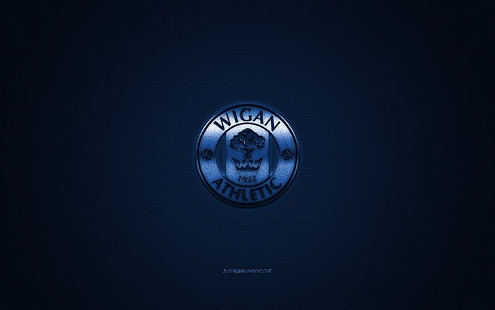 Il Wigan Athletic FC, club di calcio inglese, EFL Campionato, logo blu, blu contesto in fibra di carbonio, il calcio, il Wigan, in Inghilterra, il Wigan Athletic FC logo