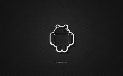 Android logosu deri, siyah deri dokusu, amblem, Android, yaratıcı sanat, siyah arka plan, Android logosu