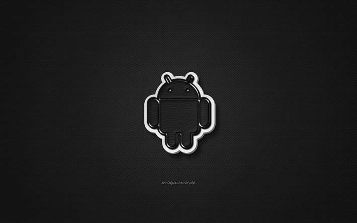Android l&#228;der logotyp, svart l&#228;der konsistens, emblem, Android, kreativ konst, svart bakgrund, Android-logotypen