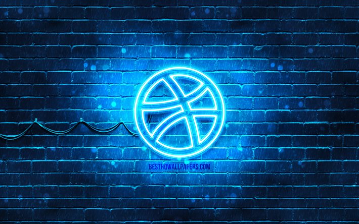 Logotipo azul dribbble, 4k, parede de tijolo azul, logotipo dribbble, redes sociais, logotipo dribbble neon, Dribbble