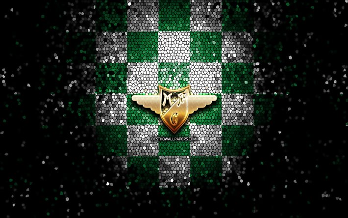 Moreirense FC, glitter logotyp, Primeira Liga, gr&#246;n vit rutiga bakgrund, fotboll, portugisiska fotbollsklubben, Moreirense logotyp, mosaik konst, Moreirense