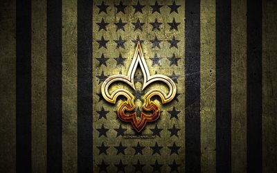 New Orleans Saints bandeira, NFL, fundo de metal preto marrom, time de futebol americano, logotipo do New Orleans Saints, EUA, futebol americano, logotipo dourado, New Orleans Saints